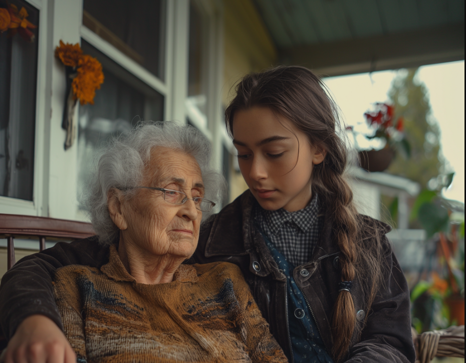 A young girl consoling an old lady | Source: Midjourney