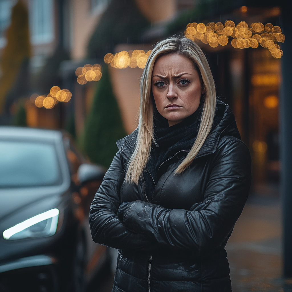 A woman looks defeated while standing next to her car in the rain | Source: Midjourney