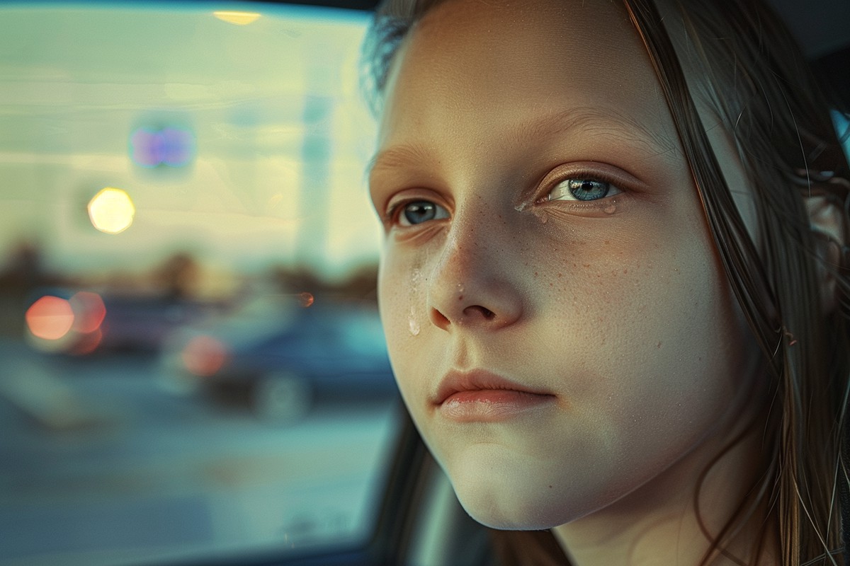 A girl crying inside a car | Source: Midjourney