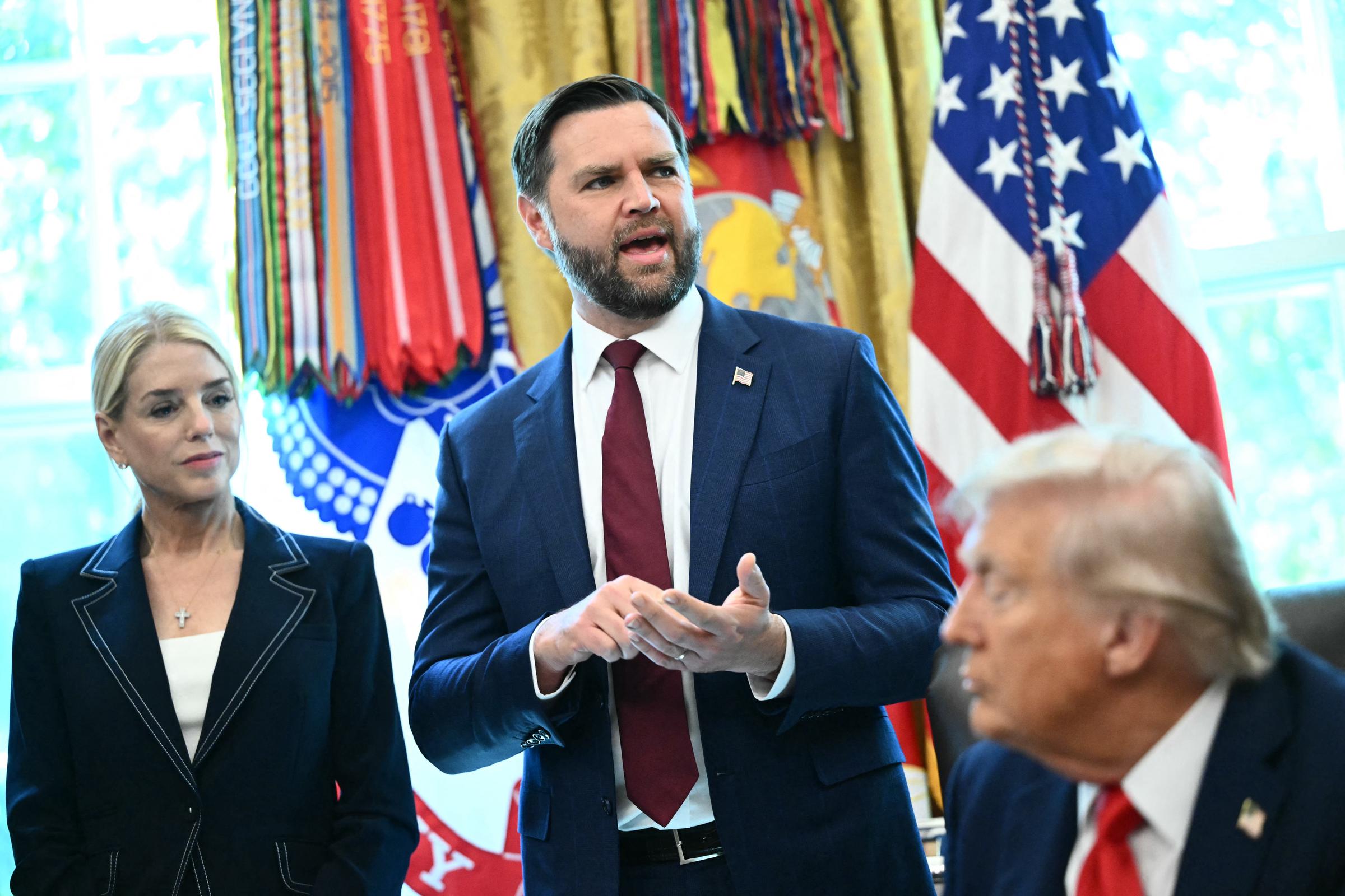 Vice President JD Vance, President Donald Trump and Pam Bondi are in the Oval Office of the White House in Washington, DC on August 25, 2025.. | Source: Getty Images