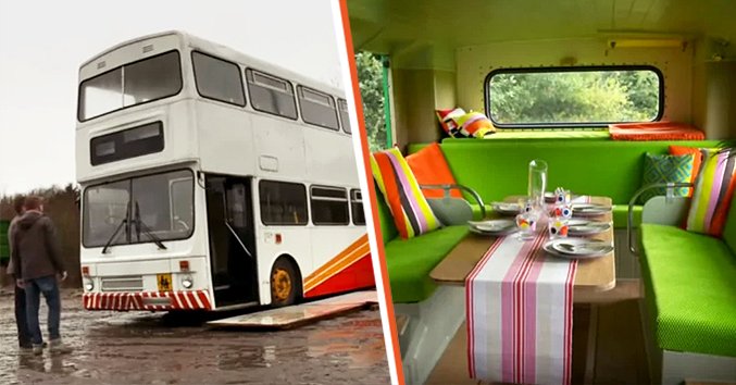 An old double-decker bus before renovation [left] Interior of the renovated mobile home [right] | Source: air.tv/NationalEXPLORE CHANNEL