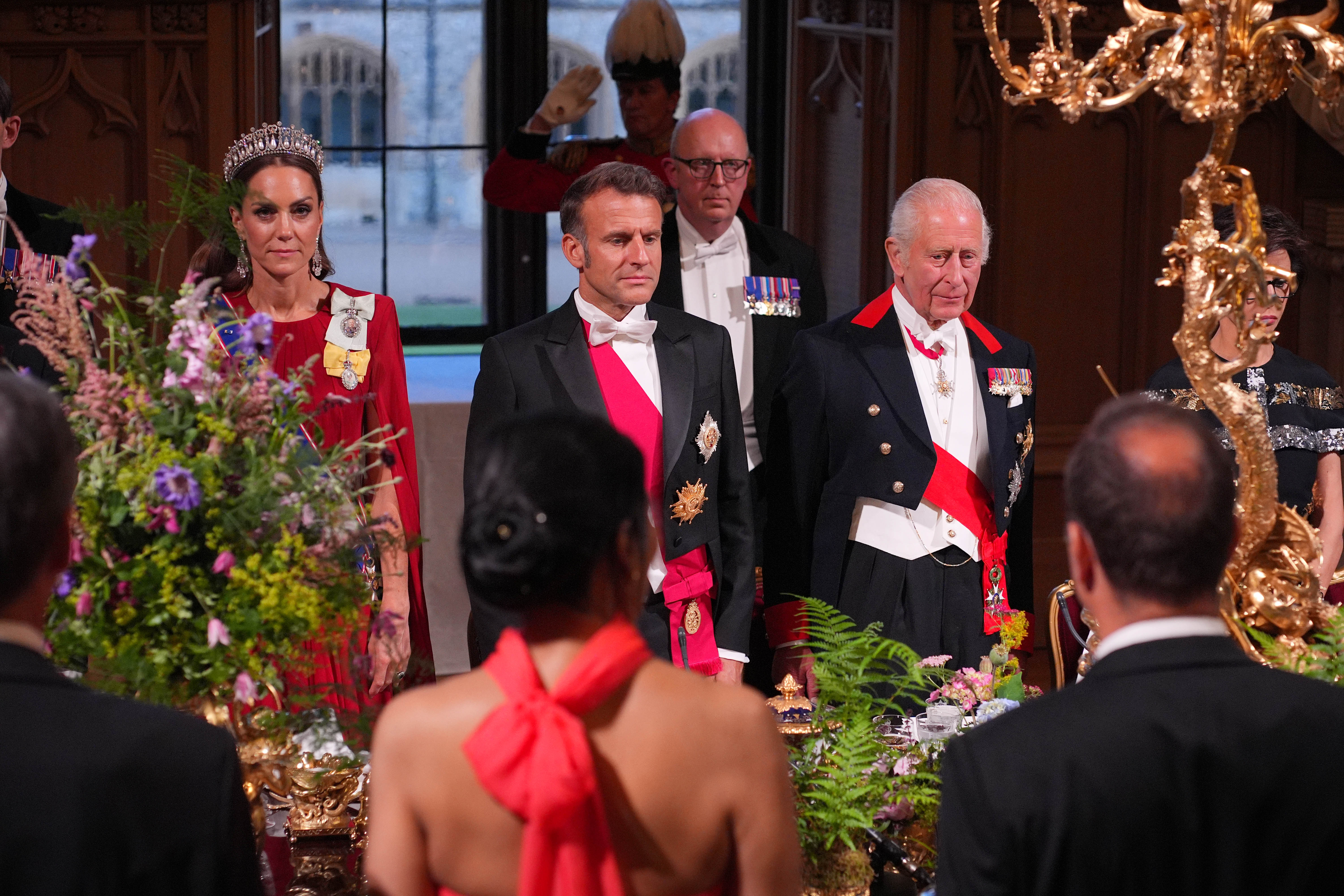 Catherine, Princess of Wales, Emmanuel Macron, and King Charles III during the State Banquet for the president of France and his wife at Windsor Castle on July 8, 2025. | Source: Getty Images