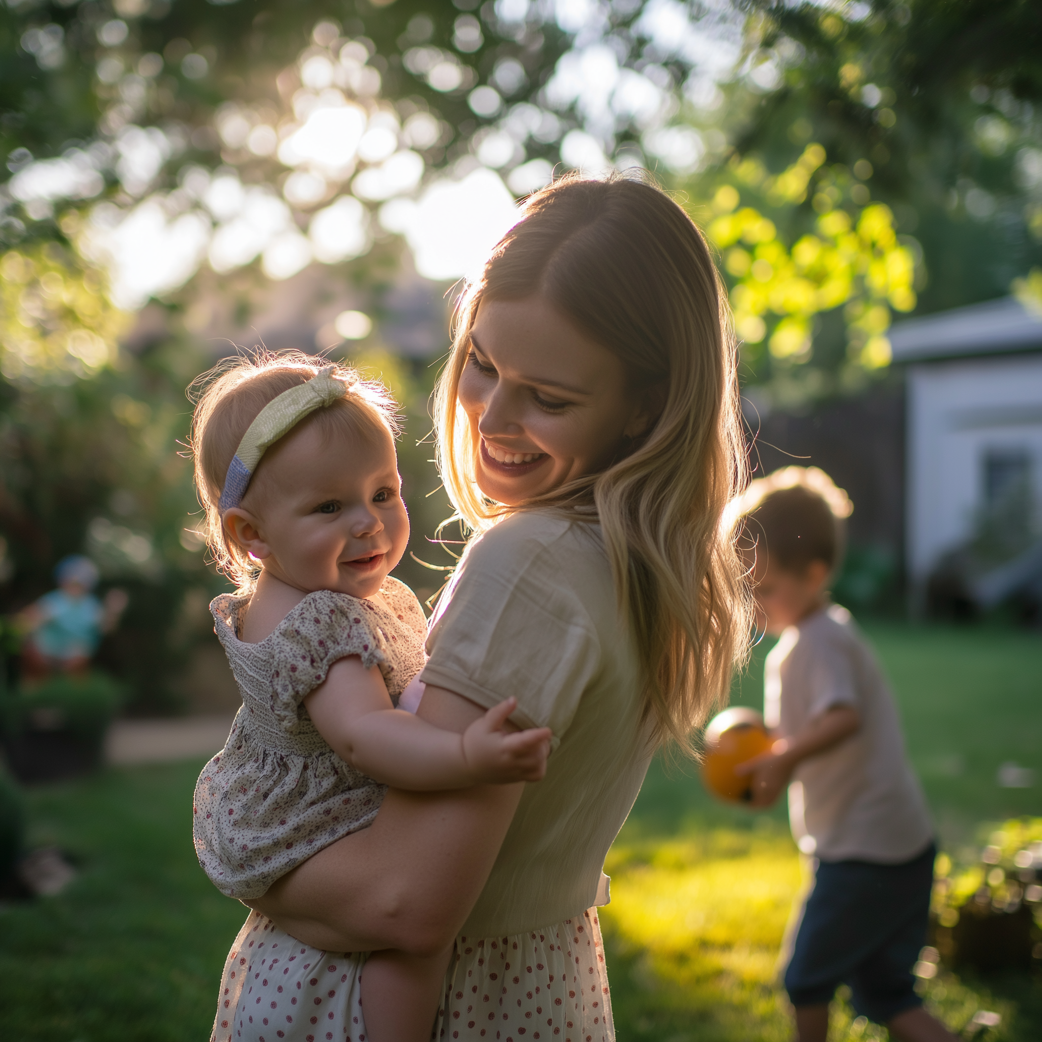 A woman holding a little girl with a young boy playing behind them | Source: Midjourney