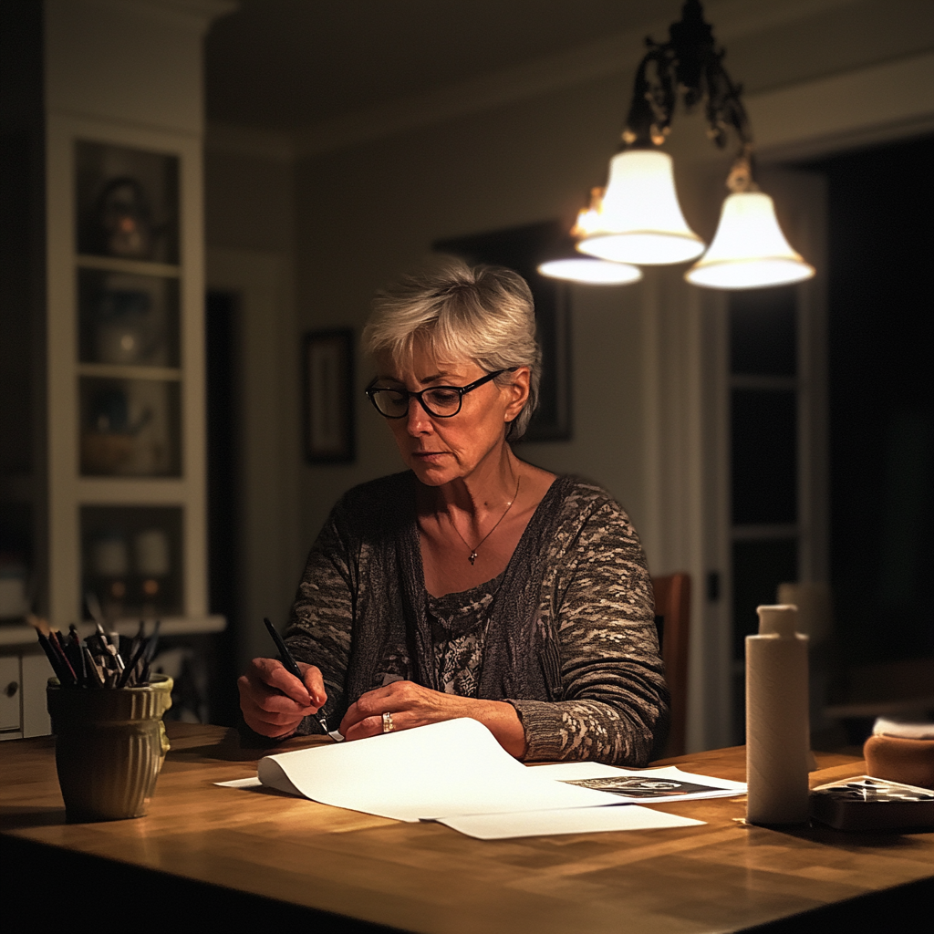 A woman sitting at a table and writing | Source: Midjourney