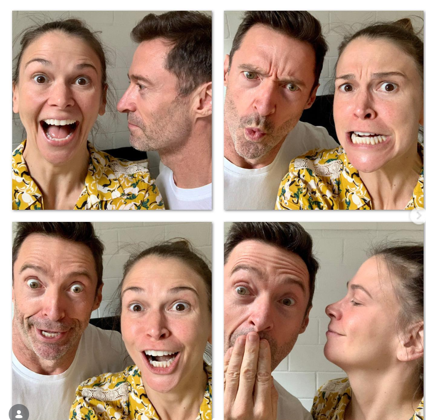 Hugh Jackman and Sutton Foster pull a series of exaggerated expressions in a playful photo collage taken indoors. | Source: Instagram/suttonlenore