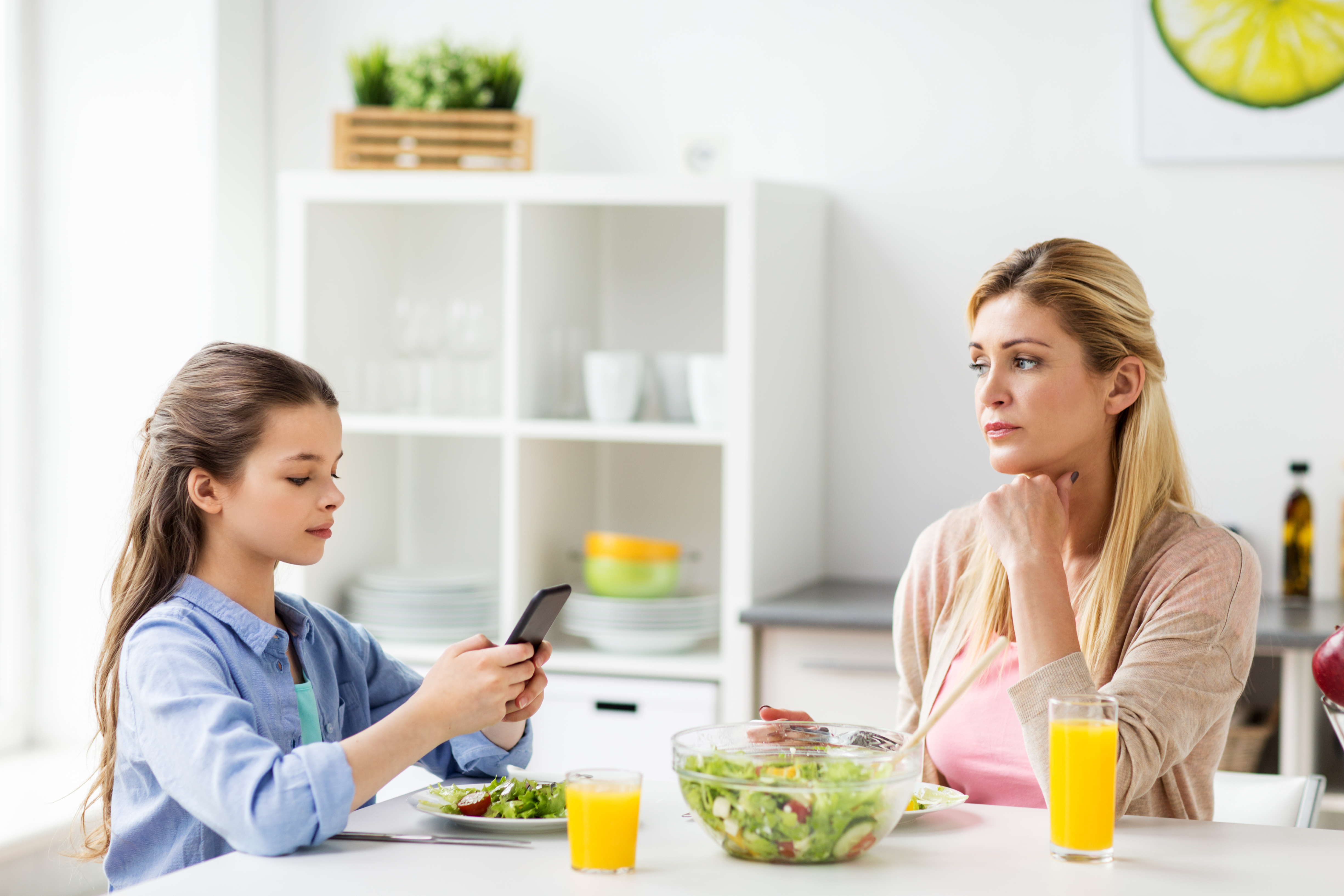 A sad woman and a young girl at the dining table | Source: Shutterstock