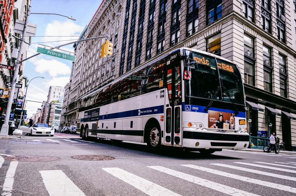 An MTA bus drove down Broadway on Tuesday, April 13, 2021 | Photo: Getty Images