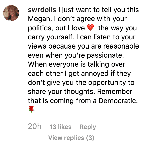 A commenter says they admire Meghan McCain despite not liking her political views | Source: instagram.com/meghanmccain