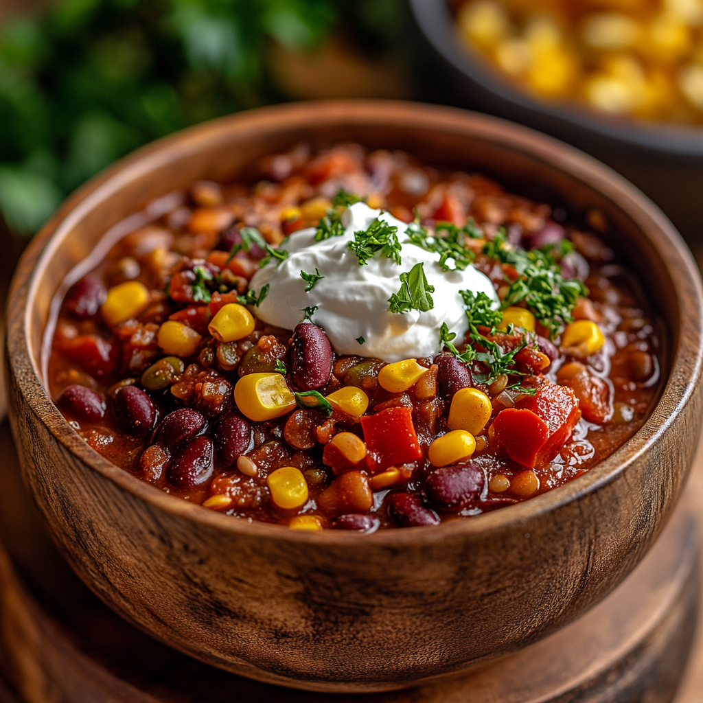 A bowl of chili on a table | Source: Midjourney