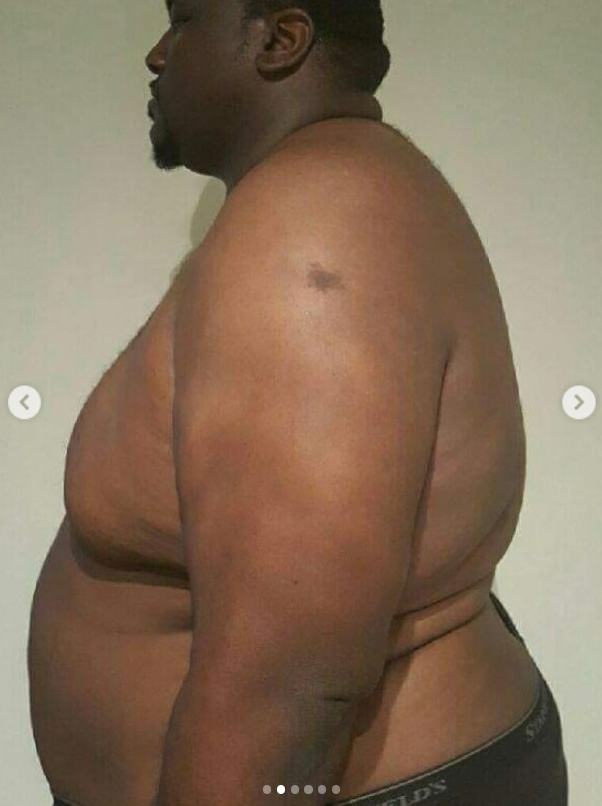 Quinton Aaron at his heaviest, pictured in a shirtless side profile, as posted in October 2025 | Source: Instagram/officialquintonaaron