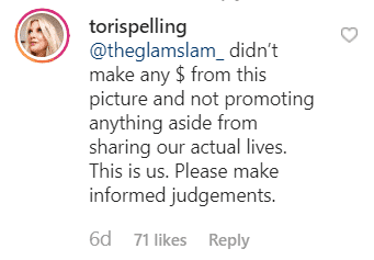 Tori Spelling's clap-back comment on her Instagram post. | Source: Instagram/torispelling