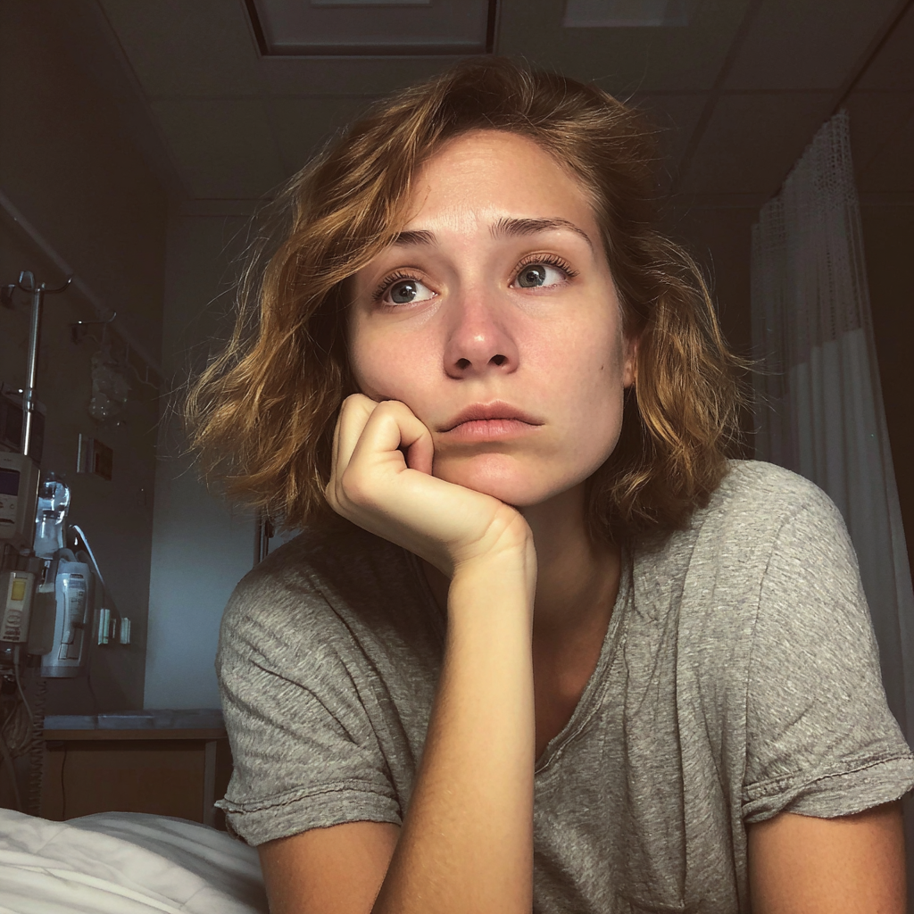 An emotional woman sitting in a doctor's room | Source: Midjourney