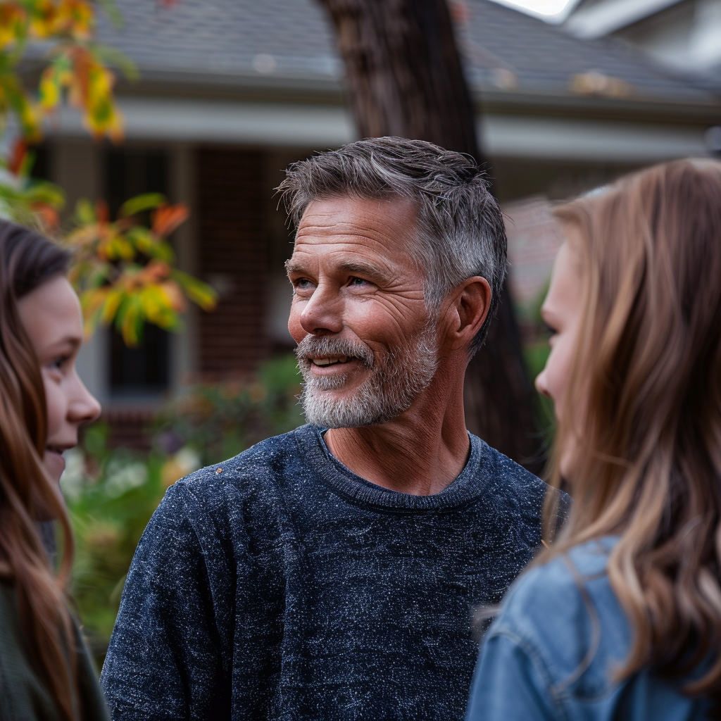 A father talking to his teenage daughters | Source: Midjourney