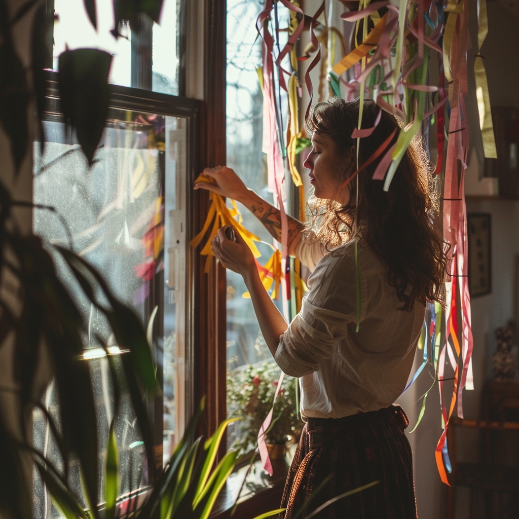 A woman hanging streamers | Source: Midjourney