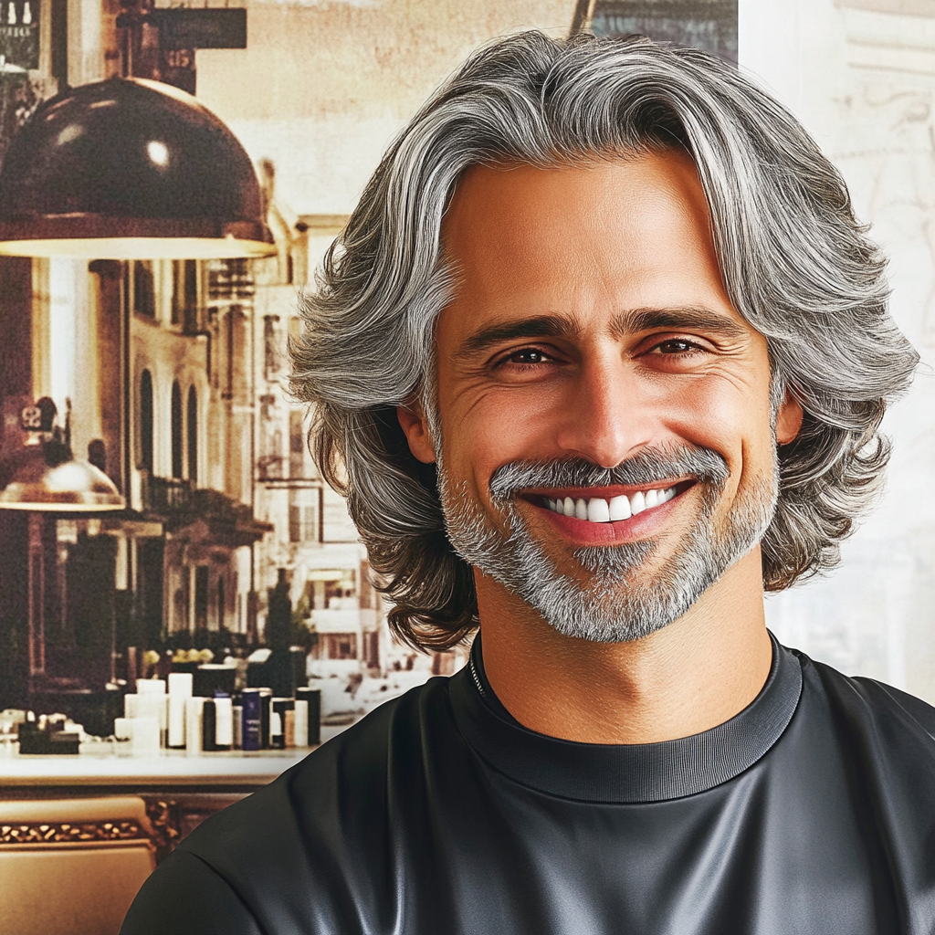 A man smiling in a hair salon | Source: Midjourney