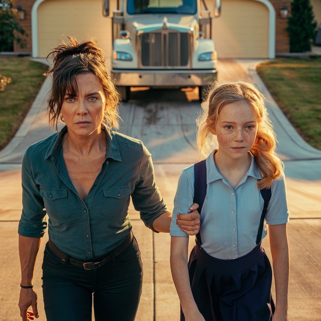 A woman and teenager girl walk up a driveway blocked by a truck | Source: Midjourney