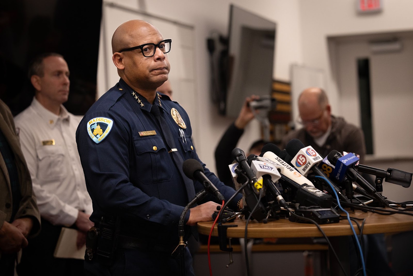 Madison Police Chief Shon Barnes speaking to the media about the shooting at the Abundant Life Christian School on December 16, 2024, in Madison, Wisconsin. | Source: Getty Images