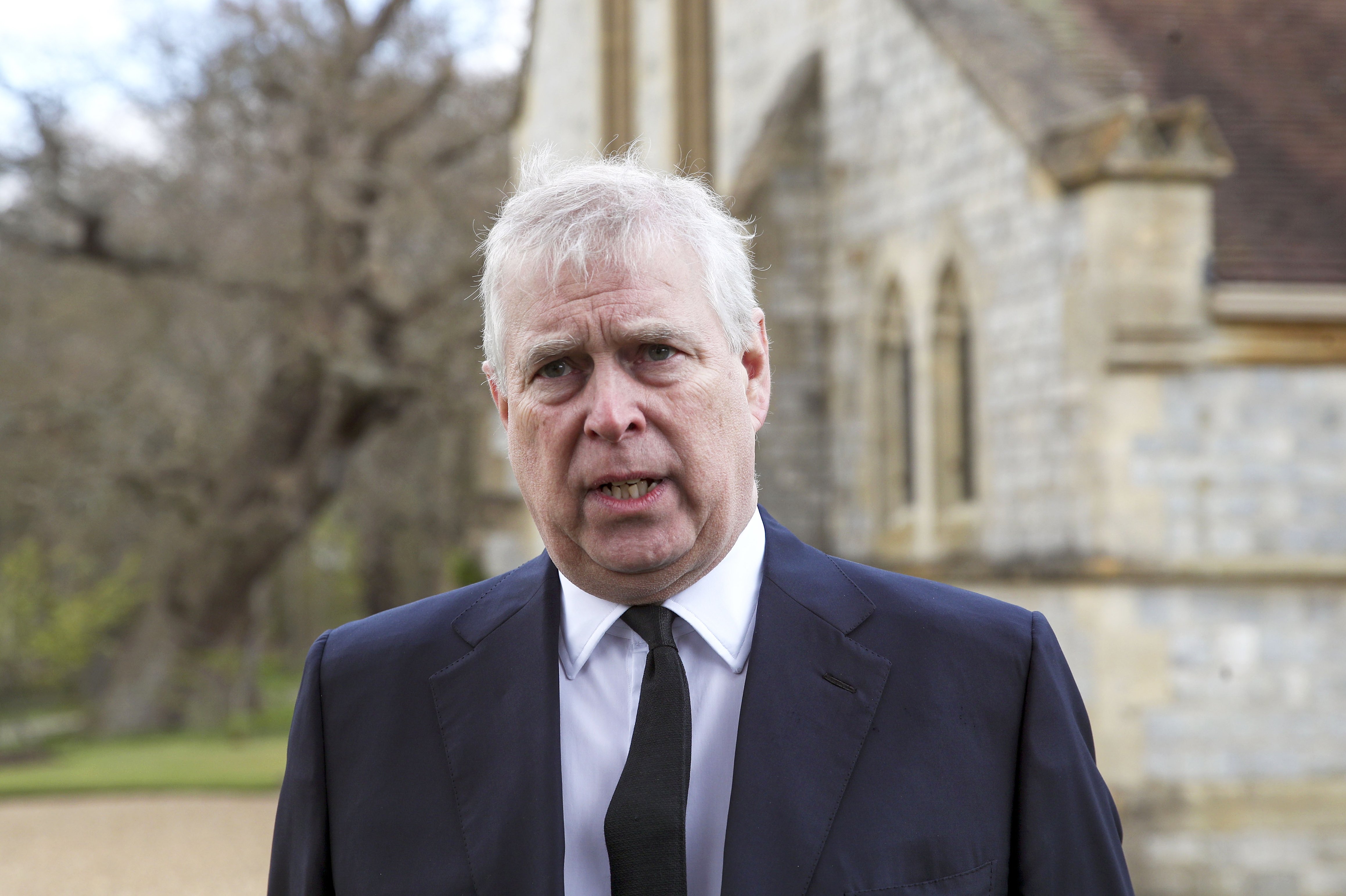 Prince Andrew, Duke of York, attends the Sunday Service at the Royal Chapel of All Saints, Windsor, following the announcement on Friday April 9th of the death of Prince Philip, Duke of Edinburgh, at the age of 99, on April 11, 2021 in Windsor, England. | Source: Getty Images