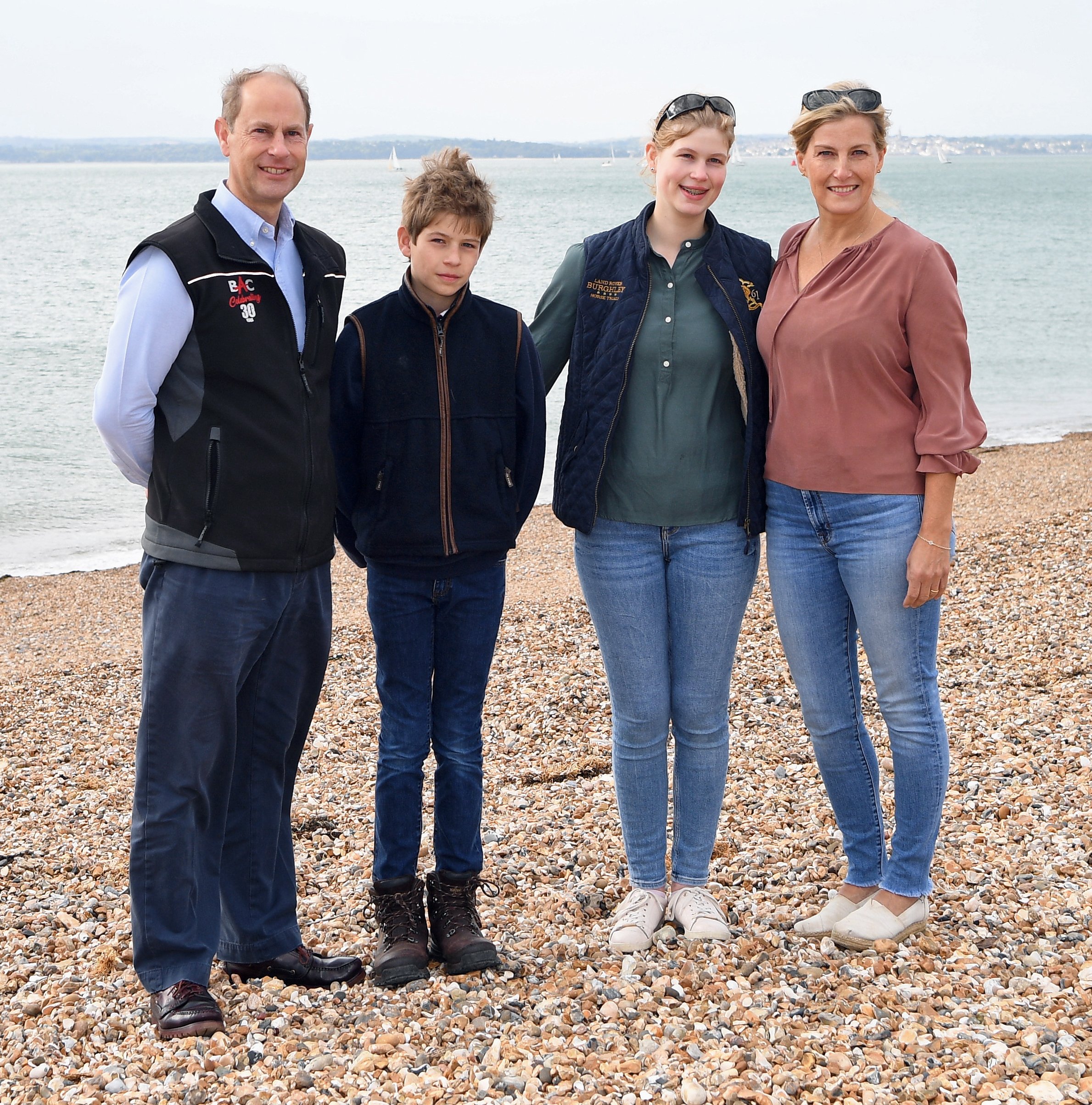 Prince Edward, Earl of Wessex, James, Viscount Severn, Lady Louise Windsor, and Sophie, Countess of Wessex at the Southsea beach on September 20, 2020 | Source: Getty Images