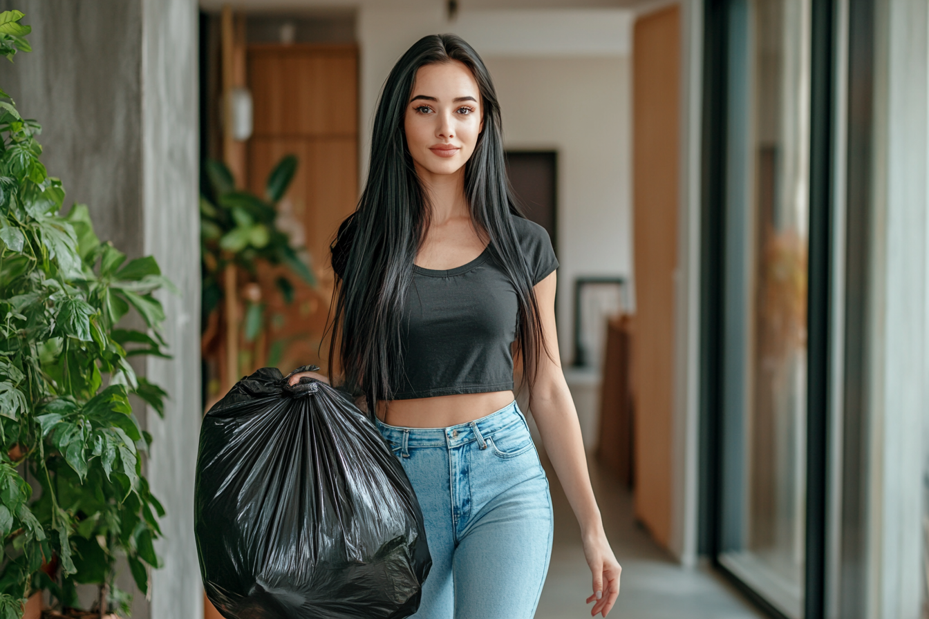 A woman carrying a trash bag | Source: Midjourney