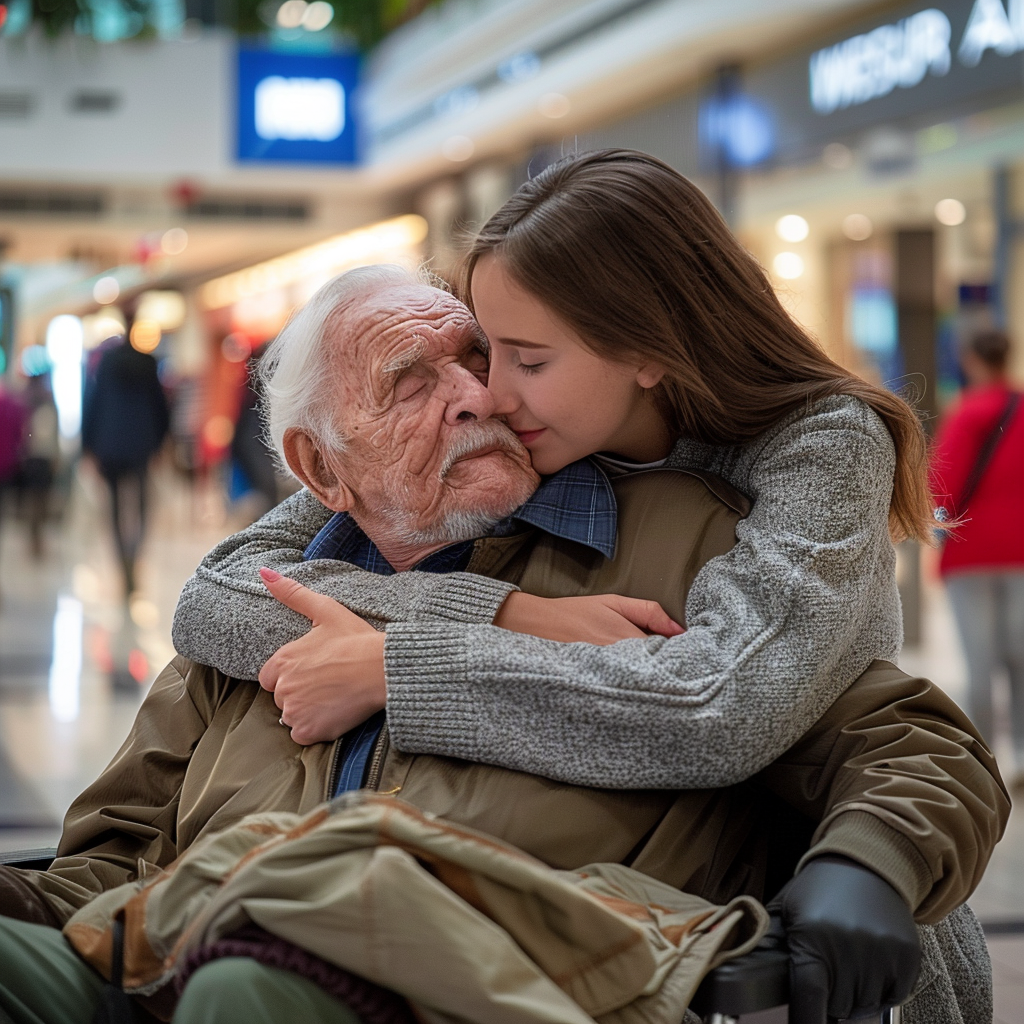 A young woman hugging her grandfather in a wheelchair in a shopping mall | Source: Midjourney