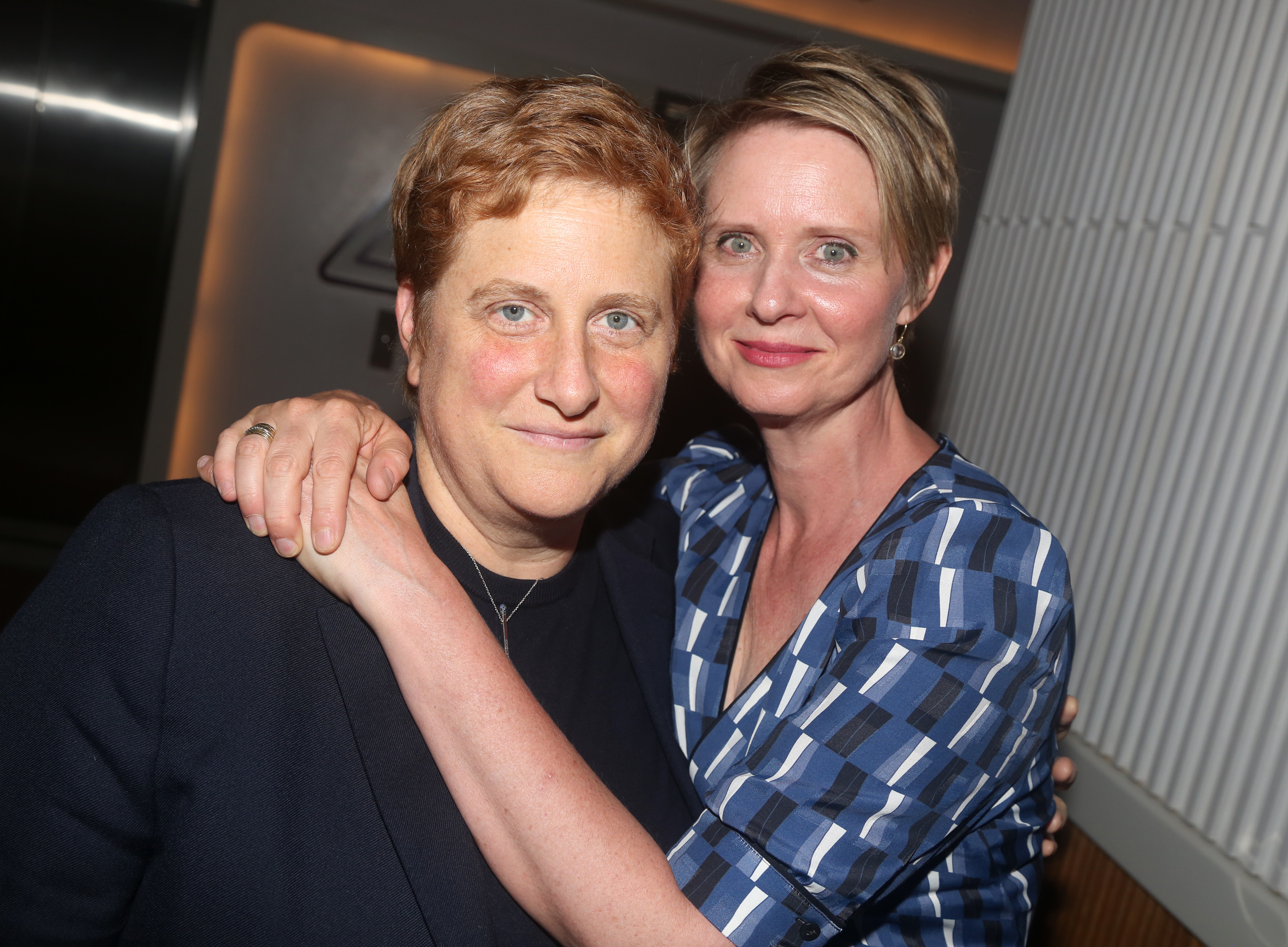 Christine Marinoni and Cynthia Nixon pose at the opening night after party for The New Group Theater production of "The True"at Yotel's Green Fig Urban Eatery on September 20, 2018, in New York City | Source: Getty Images