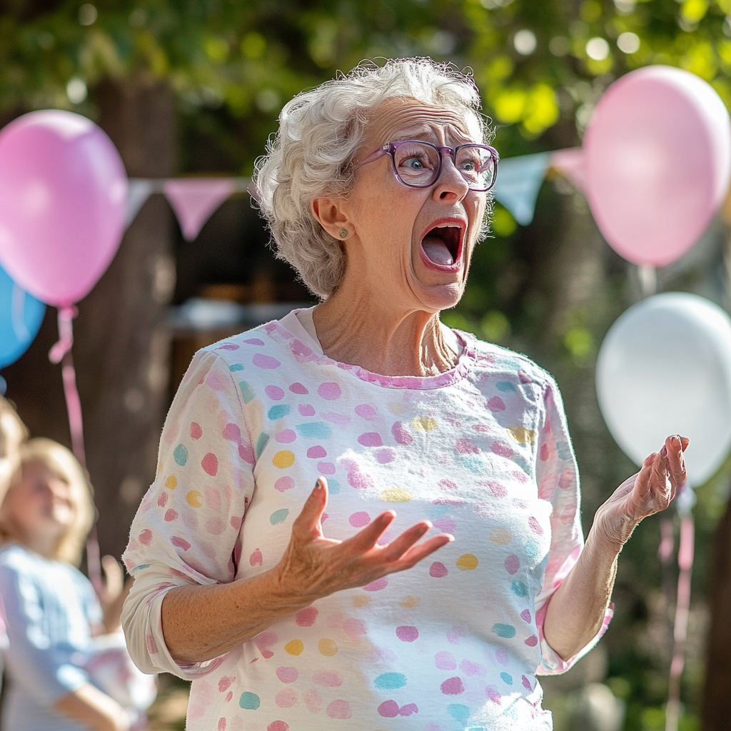 Older woman speaking out in anger during an outdoor party | Source: Midjourney