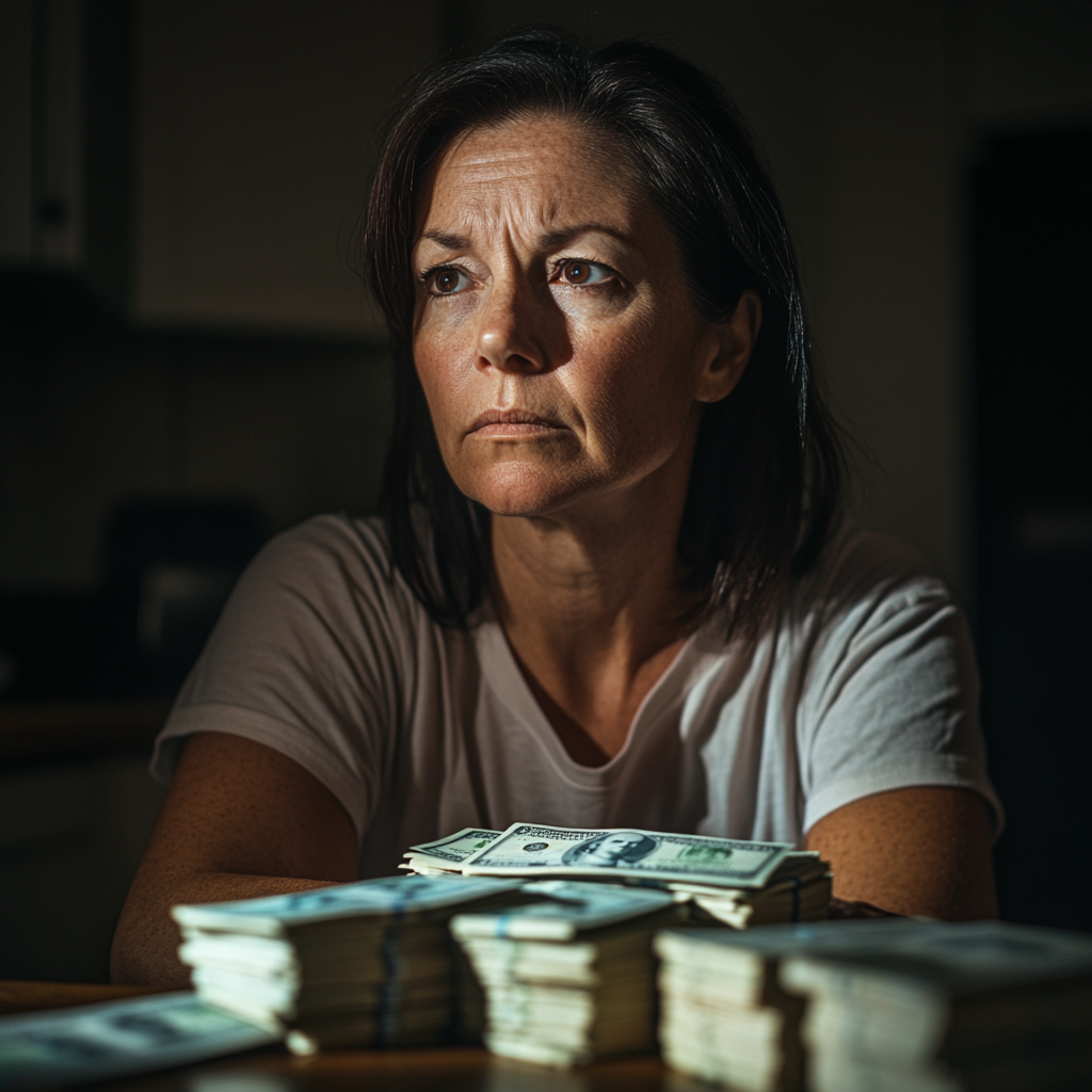 A woman looking at the stacks of cash in front of her | Source: Midjourney