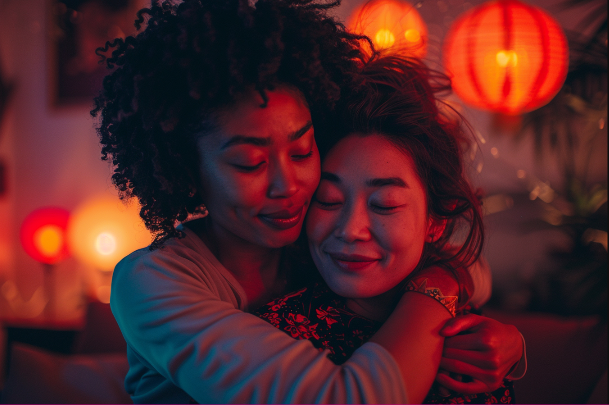 A young woman hugging her mother | Source: Midjourney