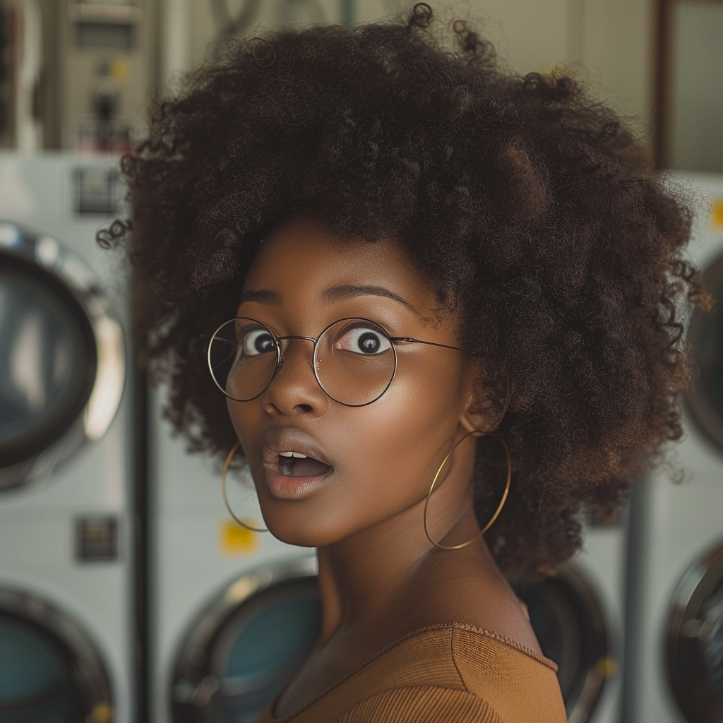 Startled woman in a laundromat | Source: Midjourney