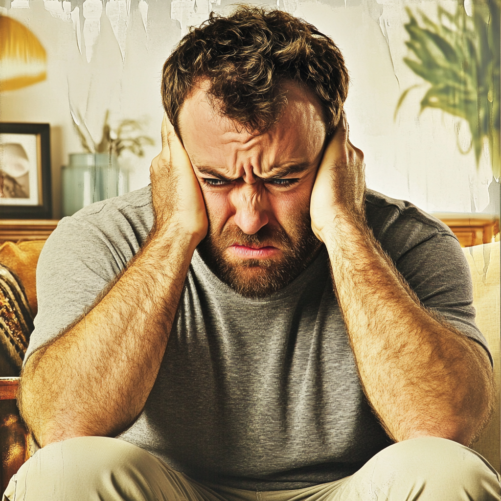 A frustrated man sitting on the couch | Source: Midjourney