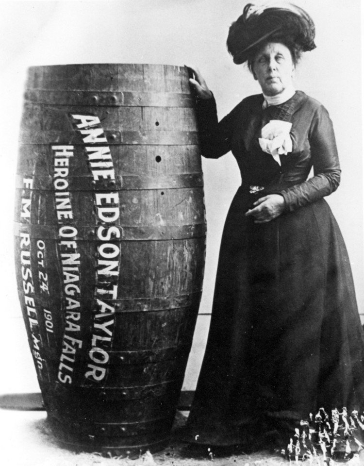 Anna Edson Taylor with her barrel. Image Source: Wikimedia Commons