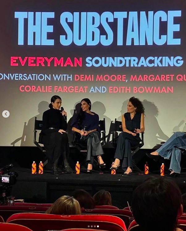 Margaret Qualley, Demi Moore and Coralie Fargeat discussing "The Substance" at an event, posted on August 30, 2024 | Source: Instagram/demimoore