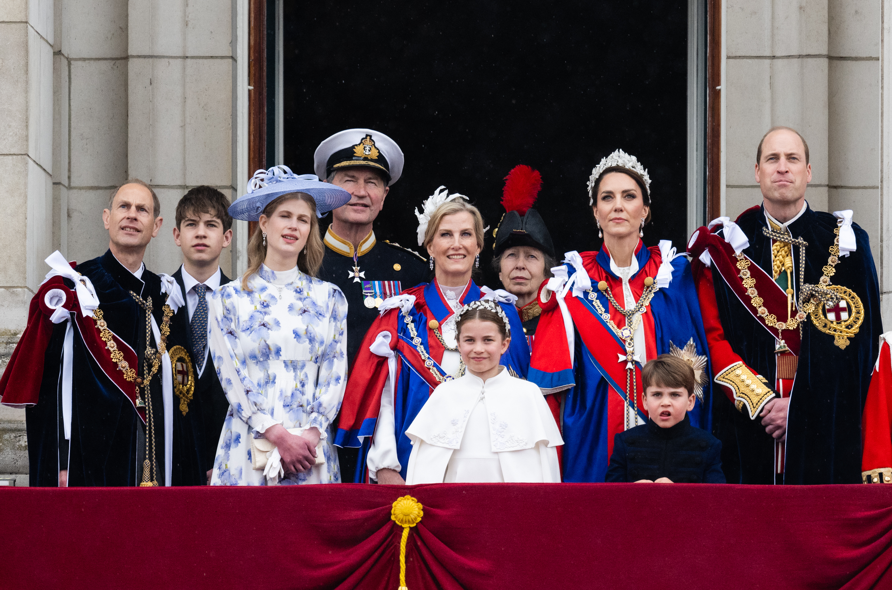 Prince Edward, Lady Louise Windsor, Vice Admiral Sir Timothy Laurence, Sophie, Duchess of Edinburgh, Princess Charlotte, Princess Anne, Princess Catherine, Prince Louis, and Prince William attend the Coronation of King Charles III and Queen Camilla in London on May 6, 2023. | Source: Getty Images