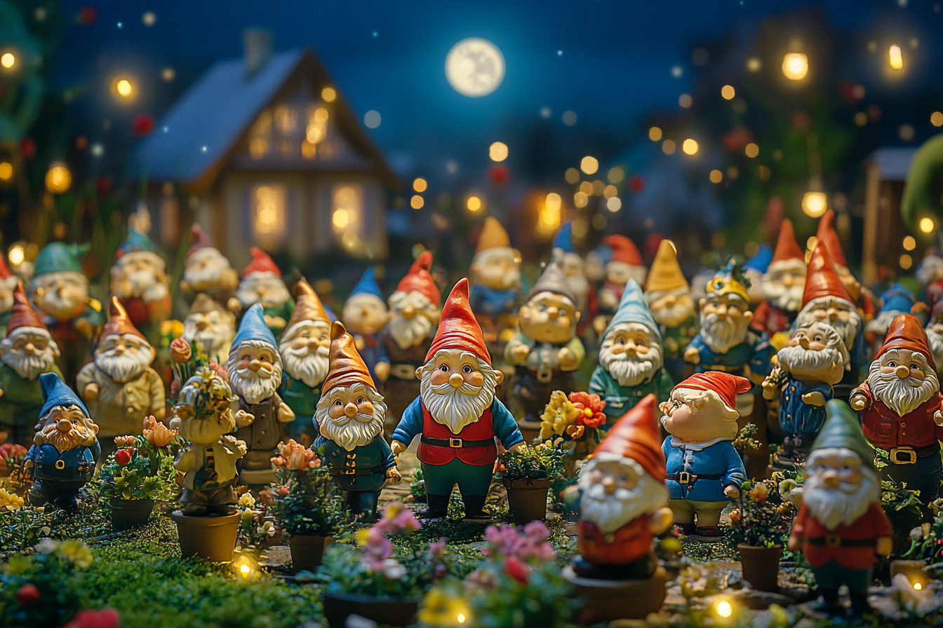 A colorful assortment of garden gnomes outside a house at night | Source: Midjourney