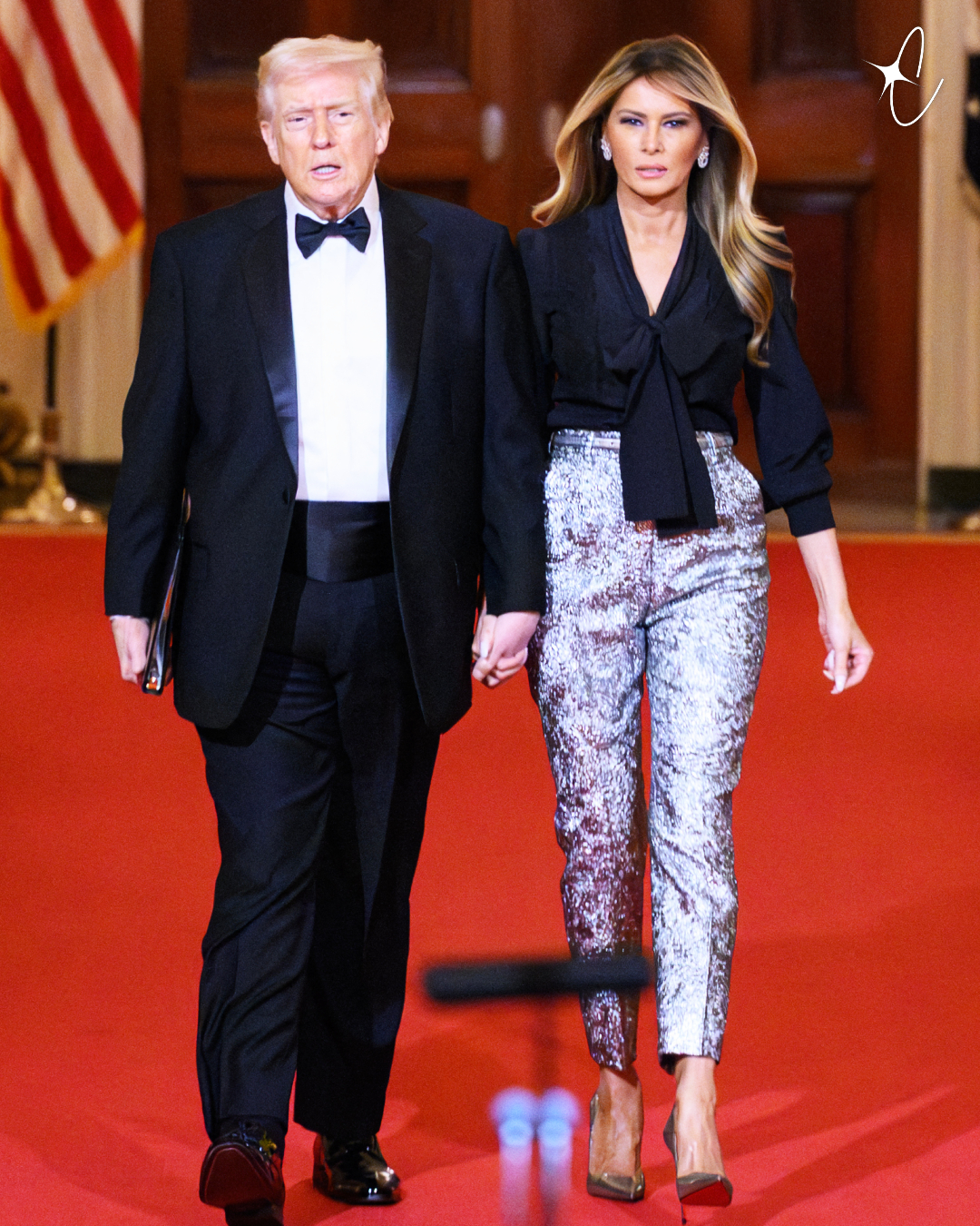 Melania Trump stole the spotlight as she rocks a black top and a metallic pants during her Governors Dinner arrival | Source: Getty Images