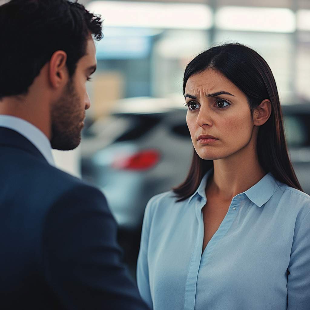 Emily's confusion becomes more evident as the agent tells her why she can't buy a car | Source: Midjourney