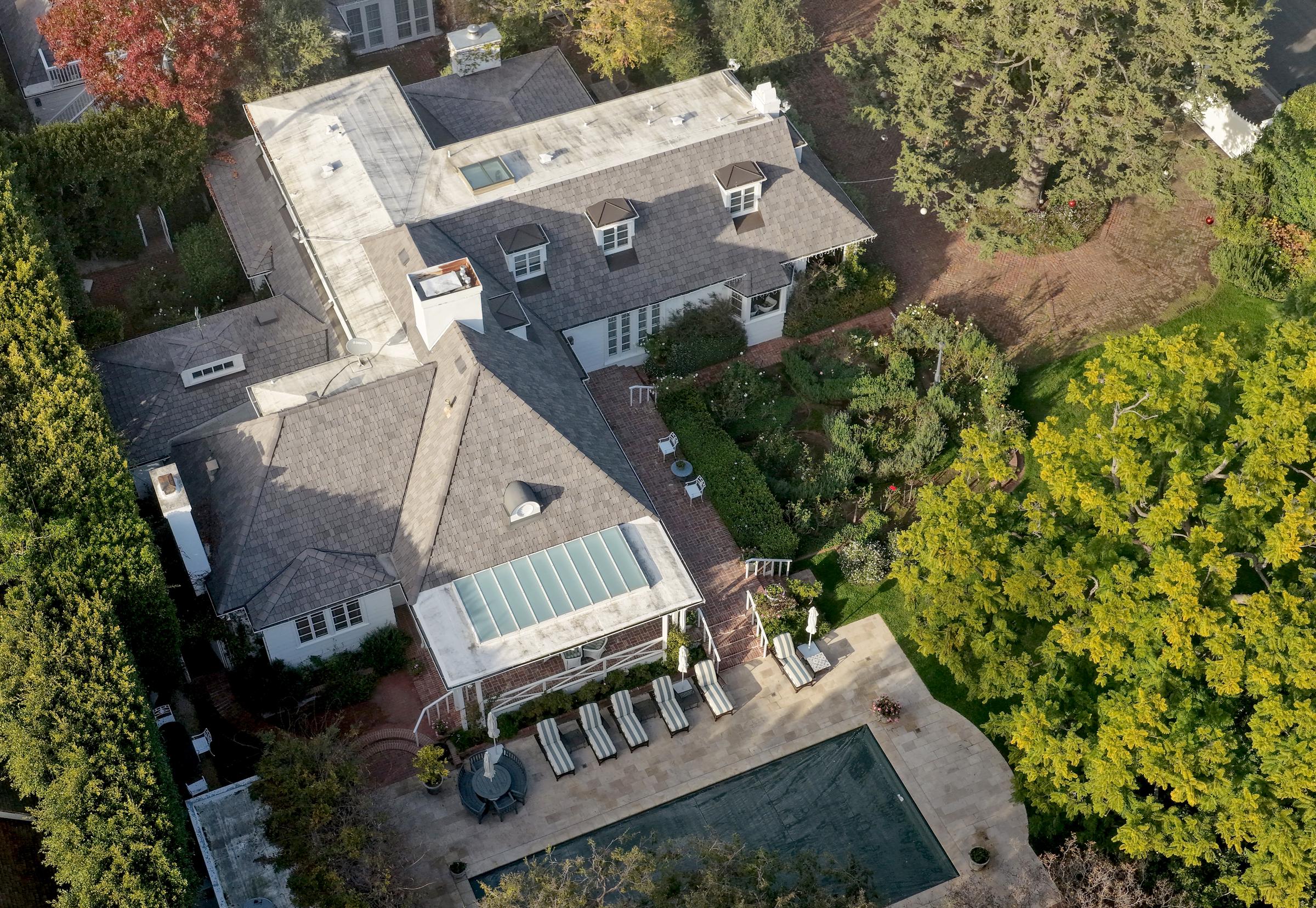 An aerial view of Rob and Michele Reiner's Brentwood home, where the couple was found dead on December 16, 2025 Source: Getty Images