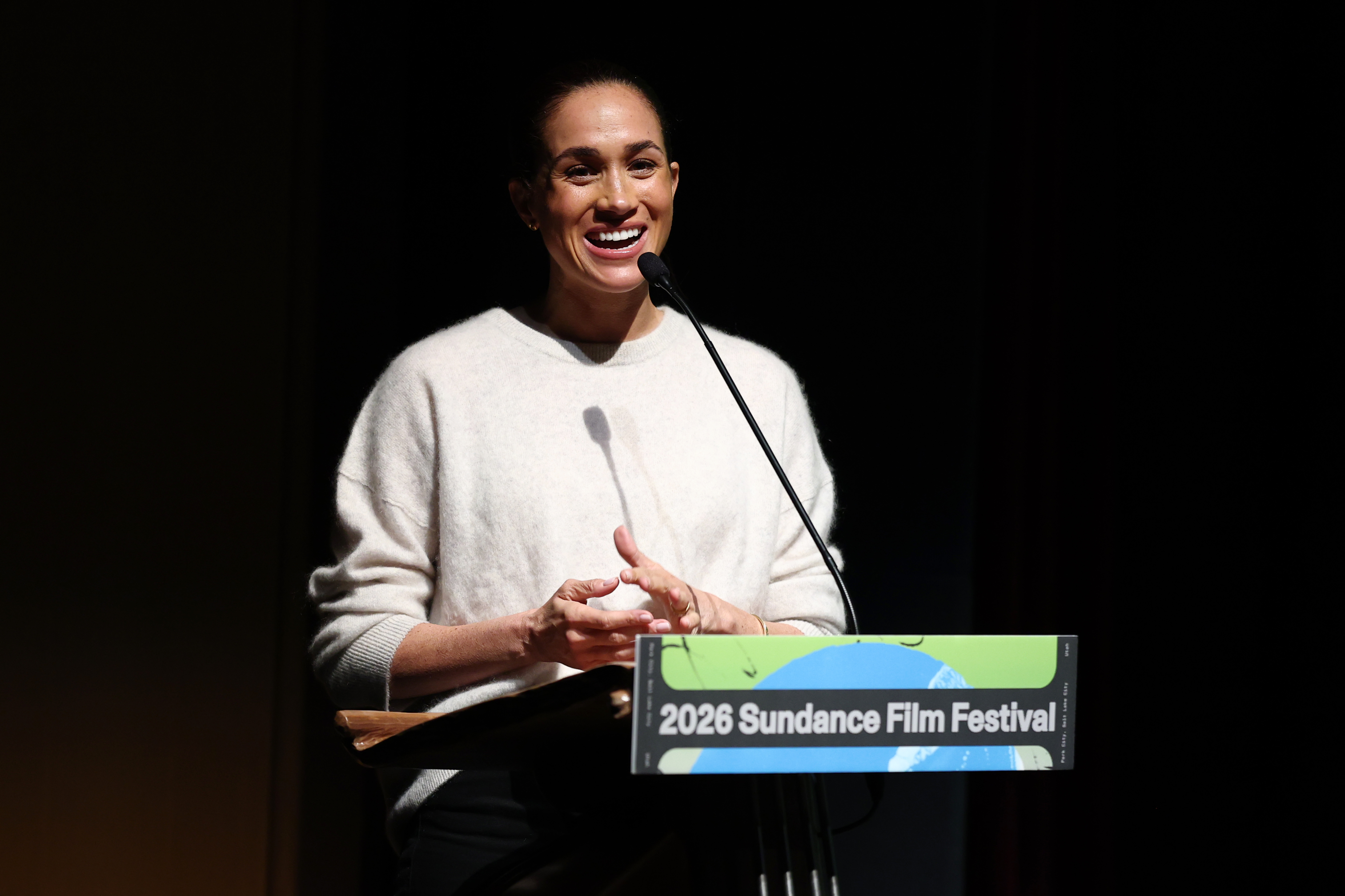 The Duchess of Sussex onstage at the "Cookie Queens" premiere during the 2026 Sundance Film Festival on January 25 in Park City, Utah. | Source: Getty Images