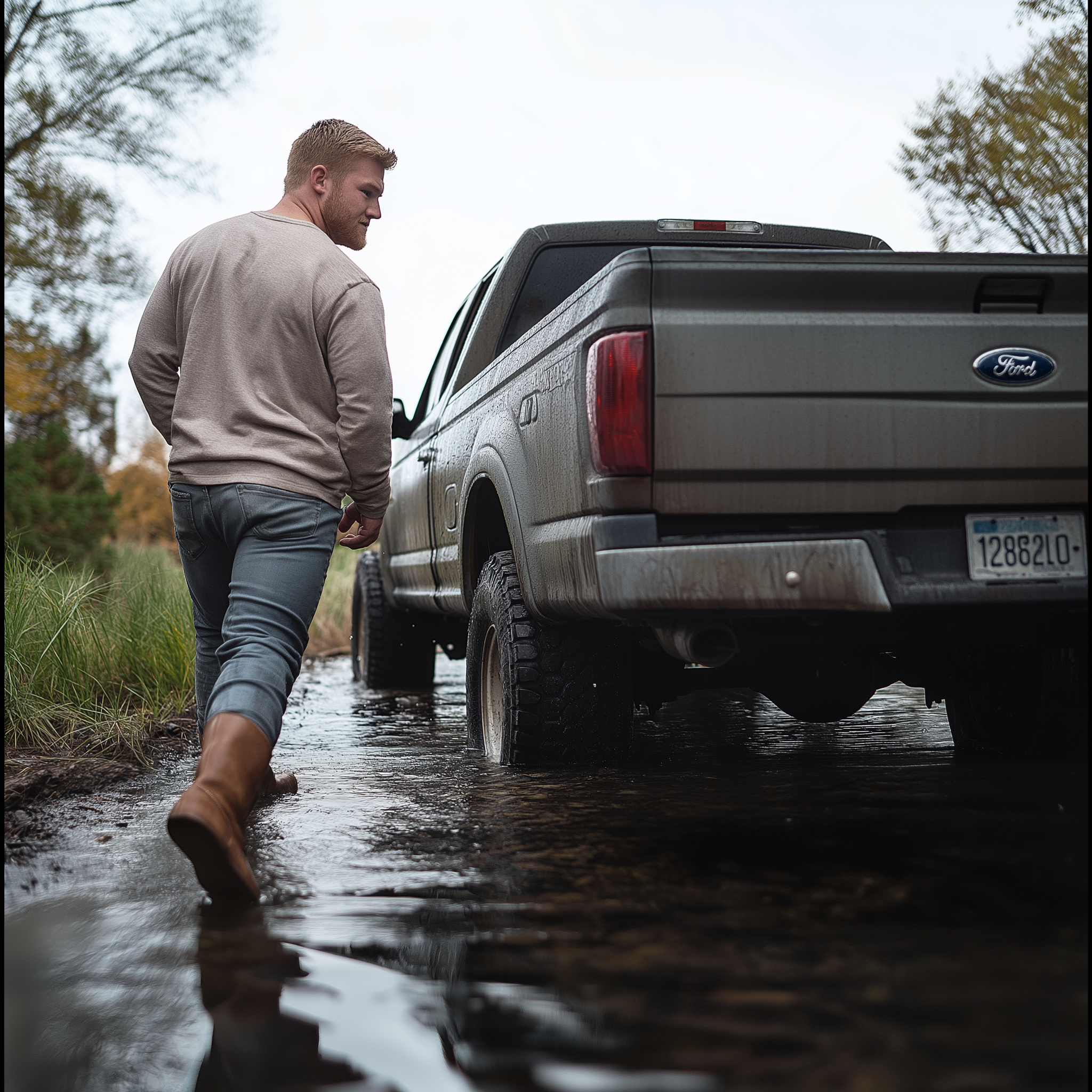 A man walking toward his truck with his boots sloshing in rainwater | Source: Midjourney