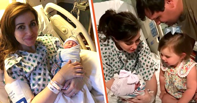 [Left] Dr. Amanda Hess holding her baby in her hands after delivery; [Right] Dr. Amanda Hess, her husband and her adorable daughter. | Source:  youtube.com/Good Morning America  facebook.com/DrHalaSabry