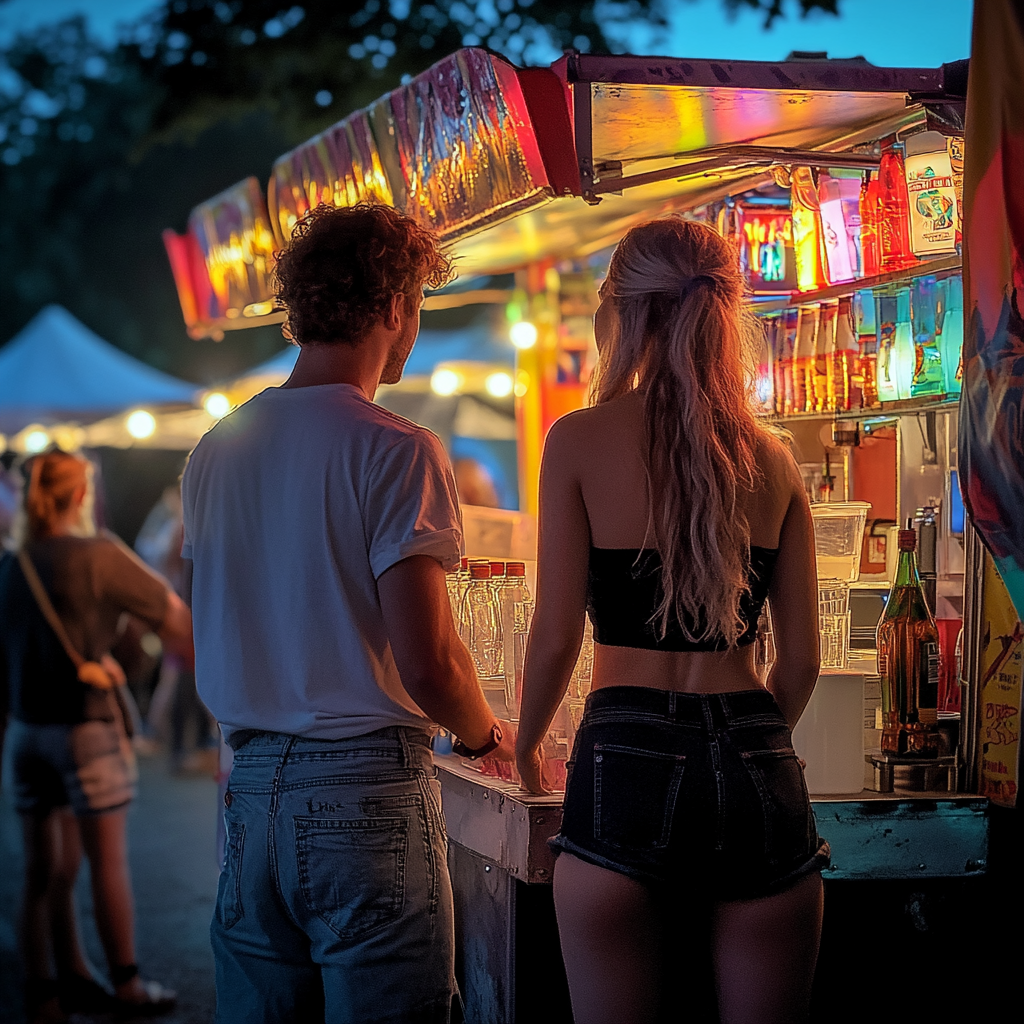 A couple standing at a drinks stand | Source: Midjourney