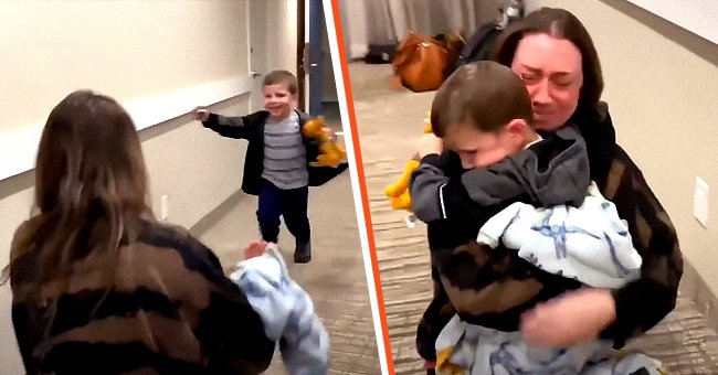 [Izquierda] El pequeño Noah corriendo hacia su madre en el pasillo. [Derecha] El dúo de madre e hijo llorando mientras se abrazan. | Foto: YouTube.com/Inside Edition