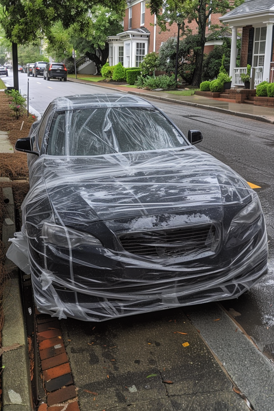 A car wrapped in plastic tape standing in a neighborhood | Source: Midjourney