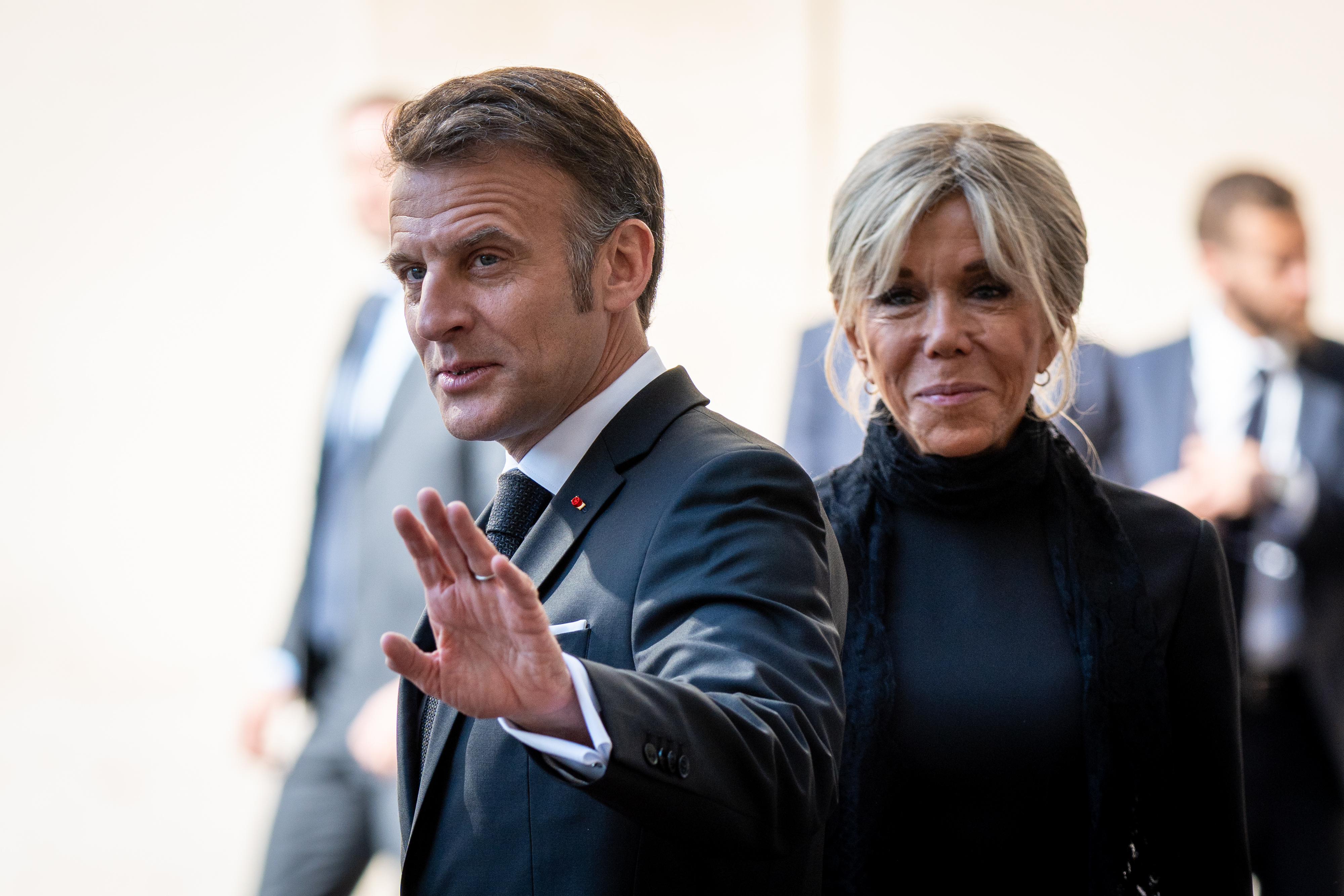 President of the French Republic, Emmanuel with his wife, Brigitte Macron, arrive at the St. Damasus courtyard before the audience with Pope Leo XIV at Apostolic Palace. | Source: Getty Images