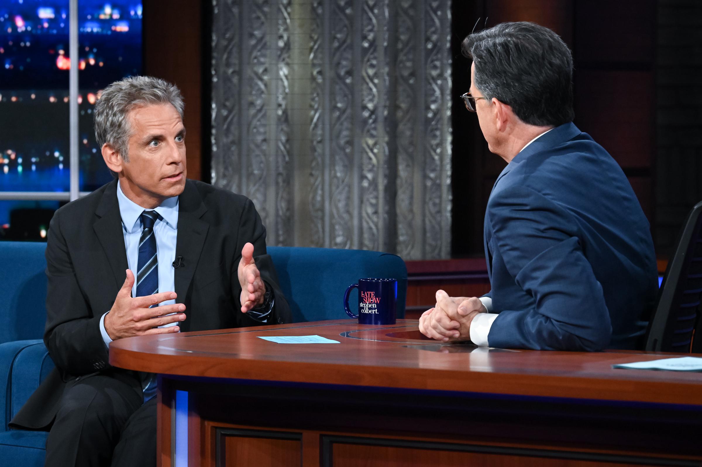 Ben Stiller talking to Stephen Colbert on August 9, 2022 | Source: Getty Images