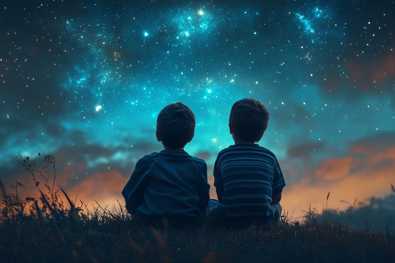 Two little boys sitting on the grass and watching the night sky | Source: Midjourney