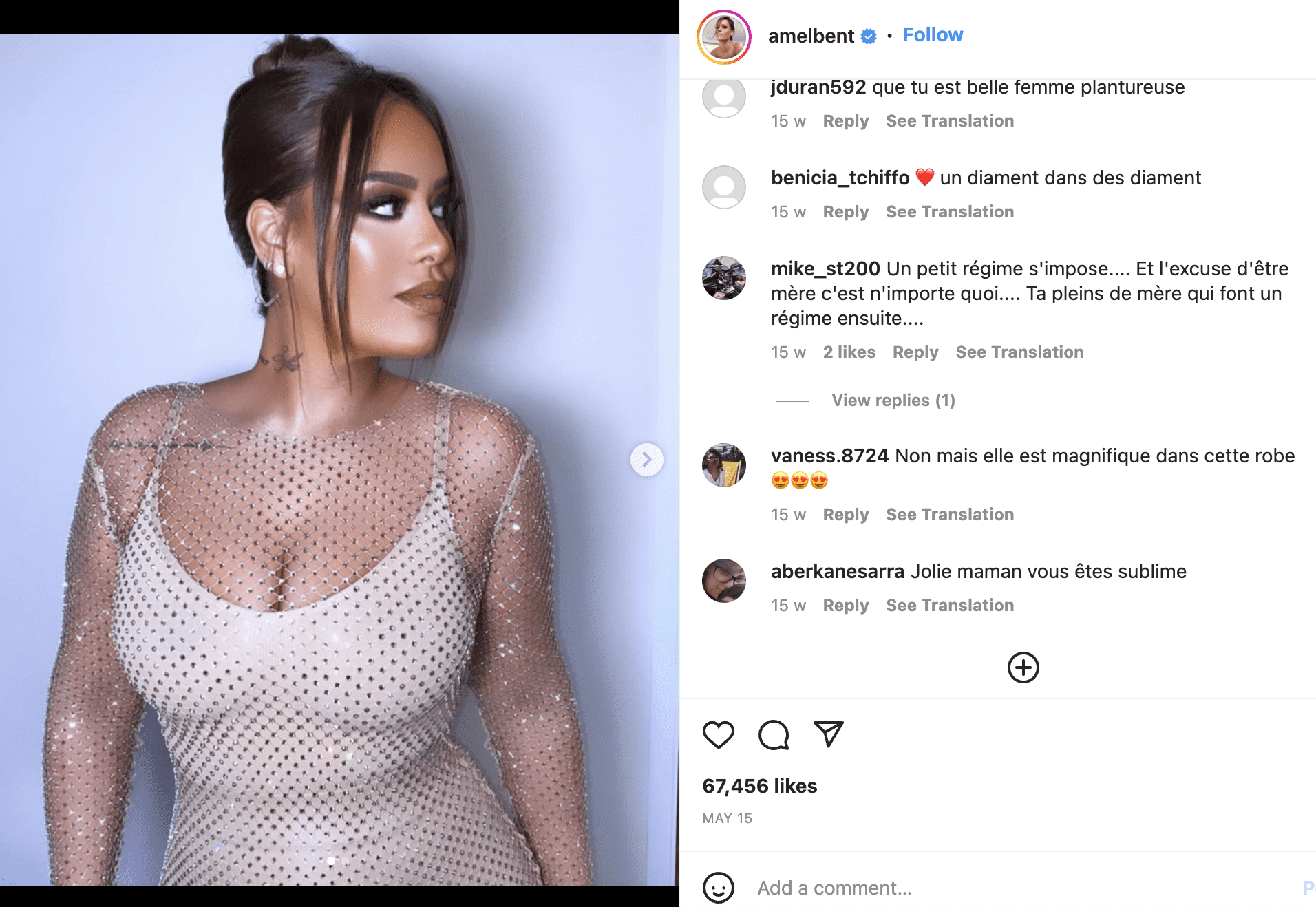 Capture d'écran de la réaction des internautes à la photo d'Amel Bent. І Instagram