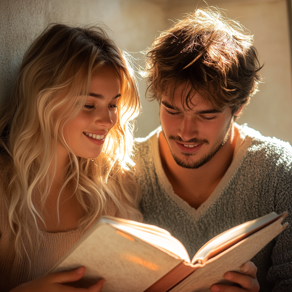 A couple looking at a notebook | Source: Midjourney