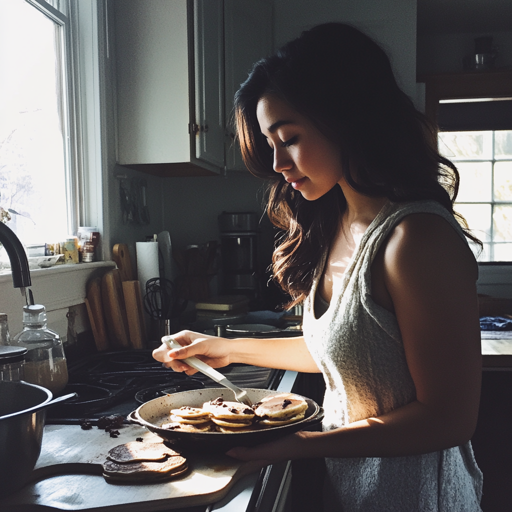 A woman making pancakes | Source: Midjourney